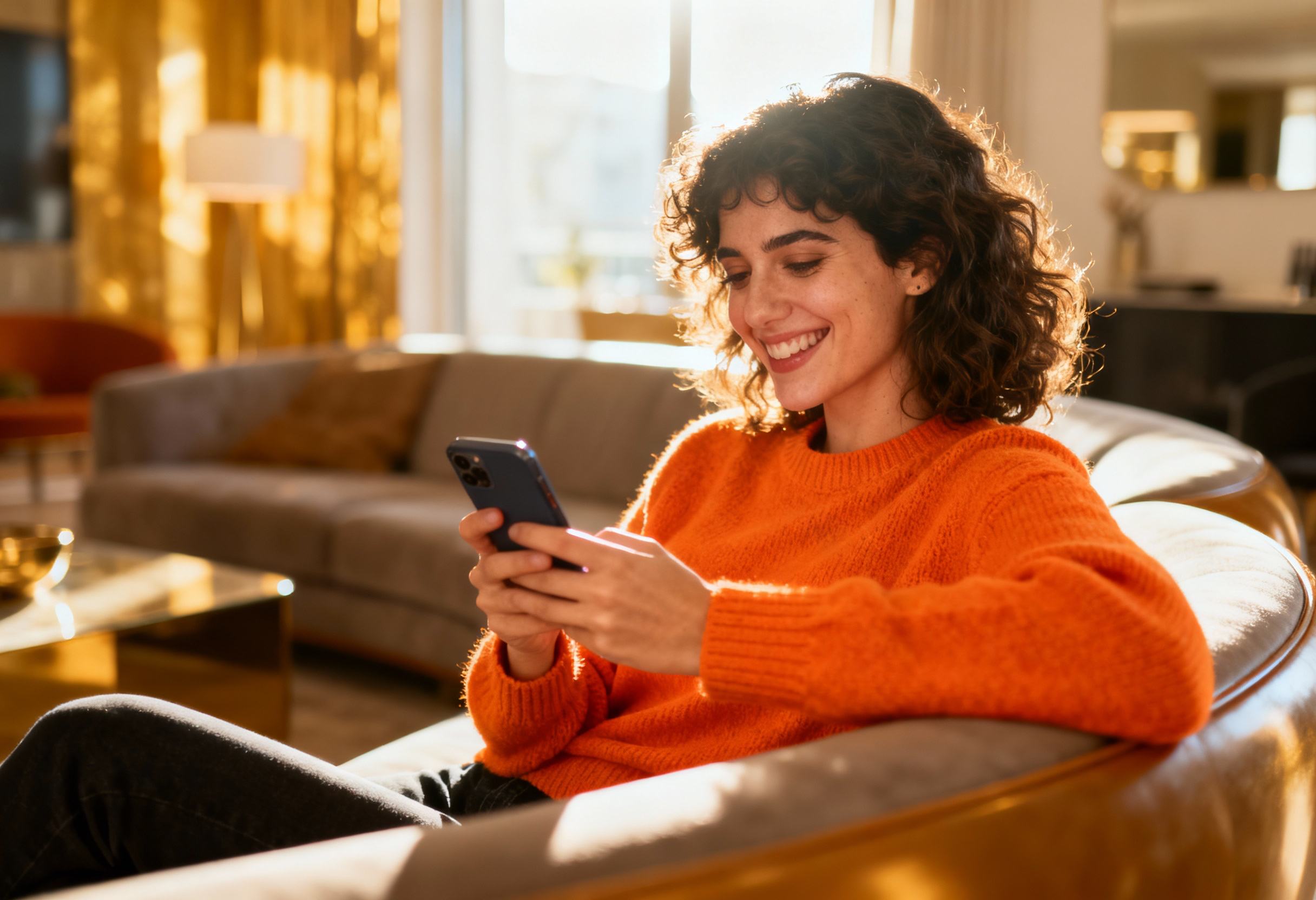 Studentessa che usa lo smartphone in soggiorno